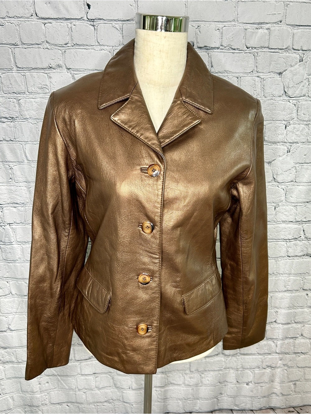 Metallic Bronze Leather Button-Front Jacket